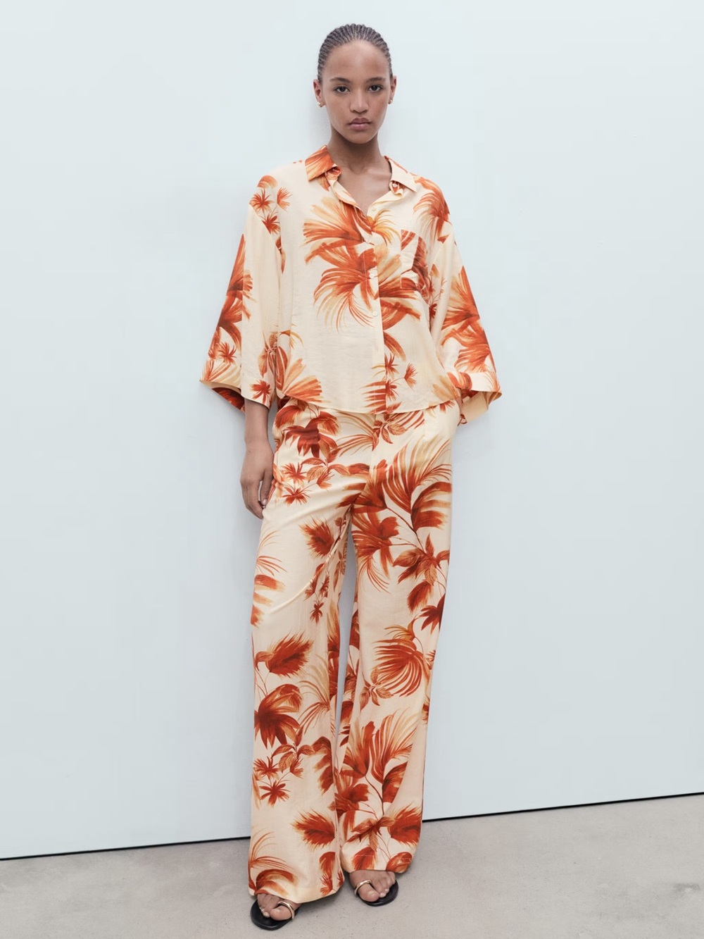 Mango Brown Palm tree print Co-ord set shirt + trousers NWT